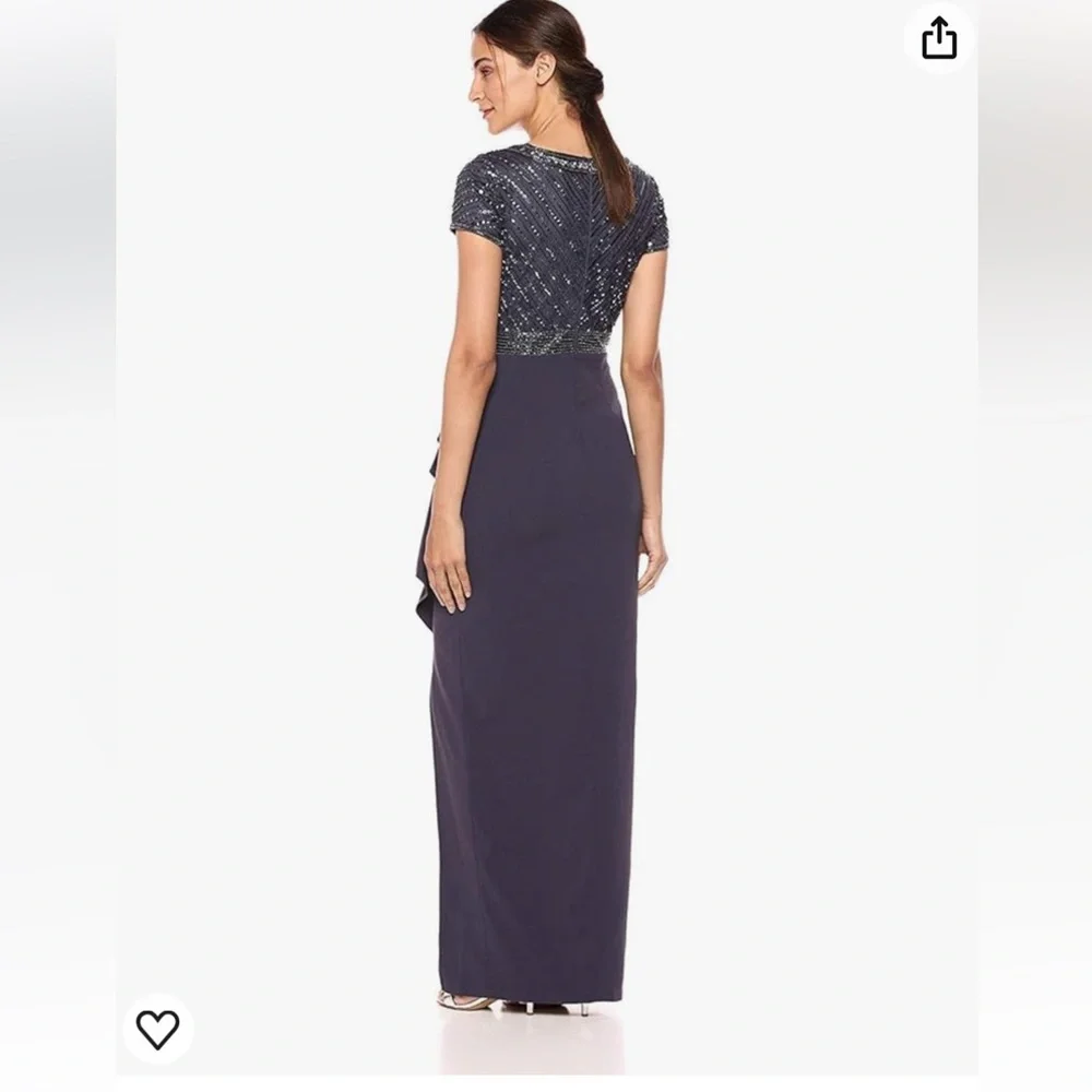 Adrianna Papell‎ Formal Dress Gown Gray Floral Embroidery  Ruffle Side Slit 2 - Picture 2 of 15